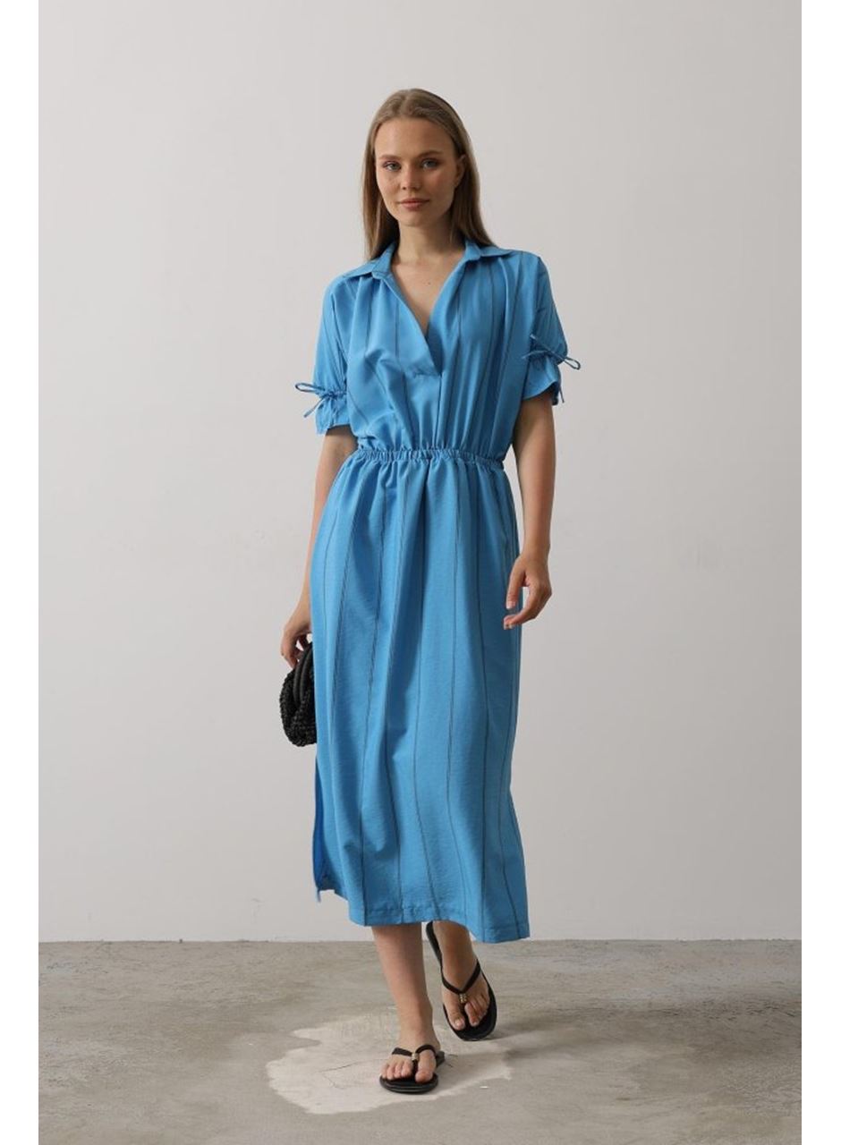 Beli Lastikli Elbise - Mavi