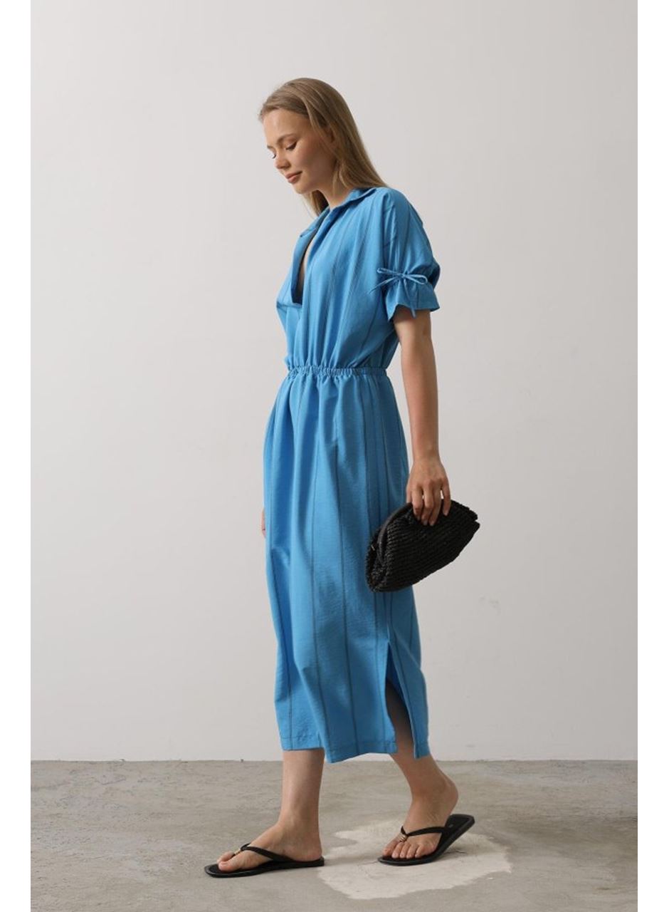Beli Lastikli Elbise - Mavi