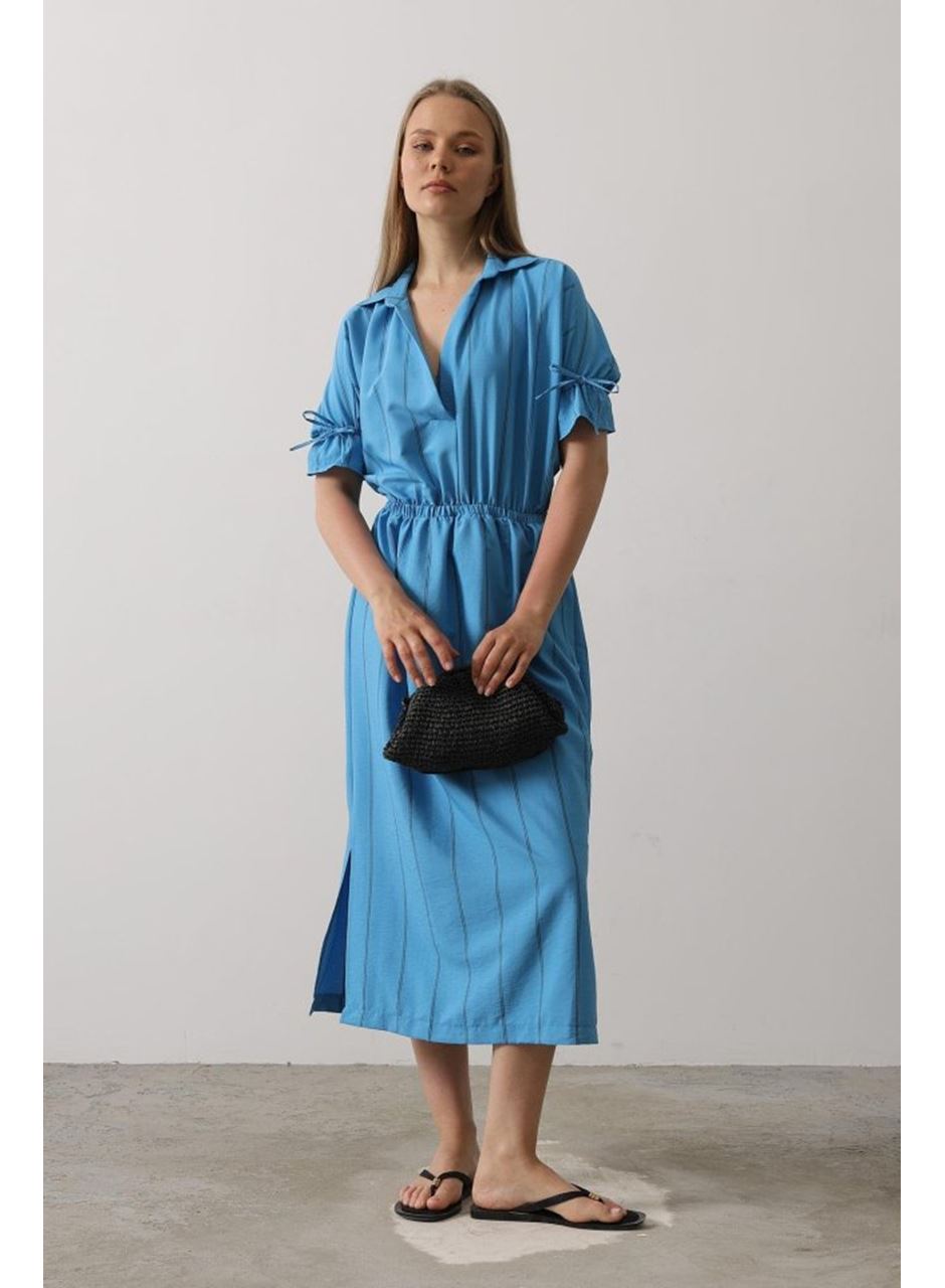 Beli Lastikli Elbise - Mavi