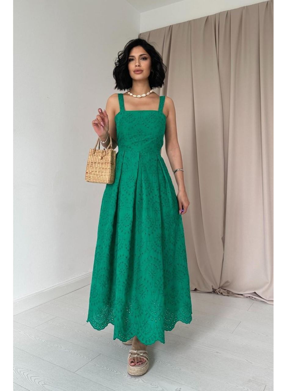 Yeşil Askılı Aparatlı Brode Elbise