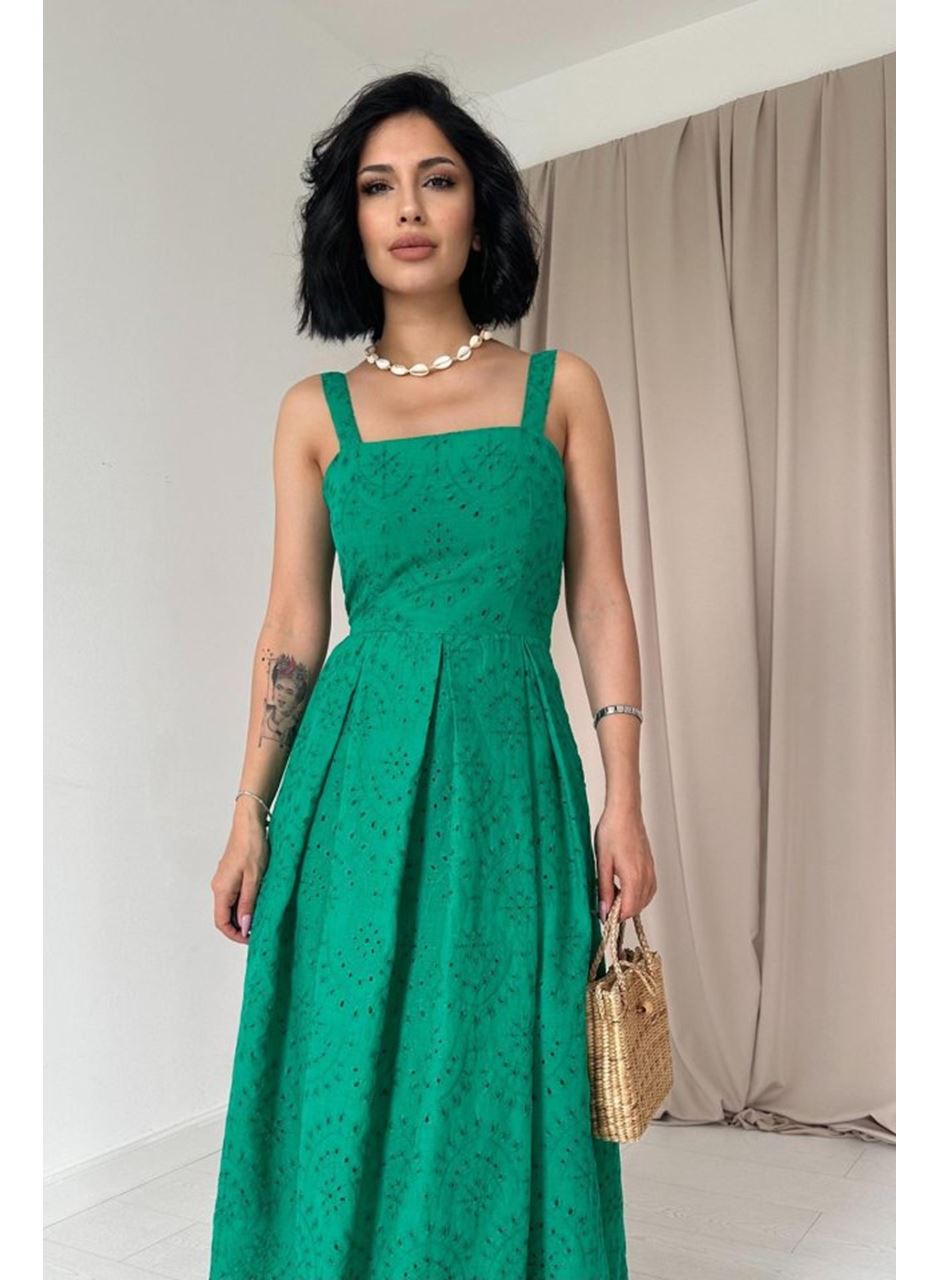 Yeşil Askılı Aparatlı Brode Elbise