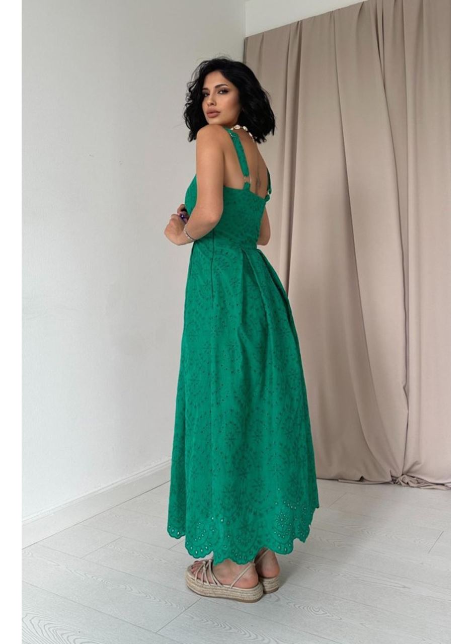 Yeşil Askılı Aparatlı Brode Elbise