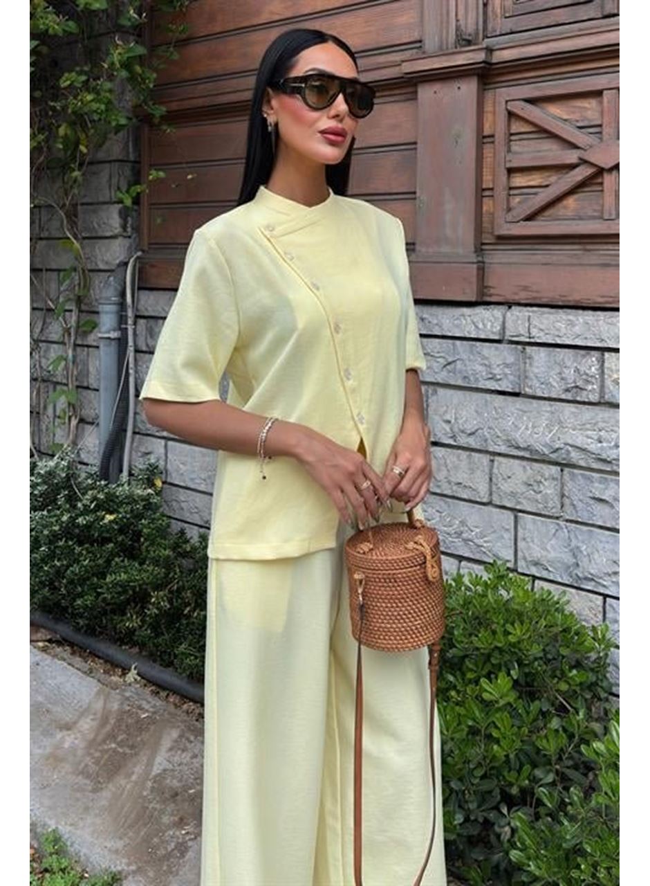 Hakim Yaka Çapraz Düğmeli Plazzo Pantolon Viscon Keten Takım 10209