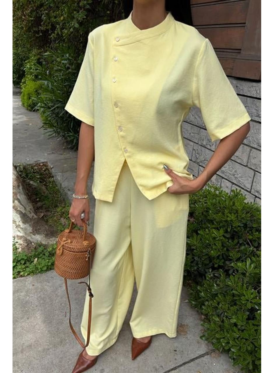 Hakim Yaka Çapraz Düğmeli Plazzo Pantolon Viscon Keten Takım 10209