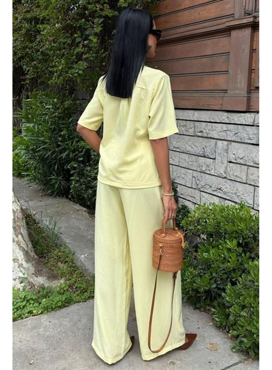 Hakim Yaka Çapraz Düğmeli Plazzo Pantolon Viscon Keten Takım 10209