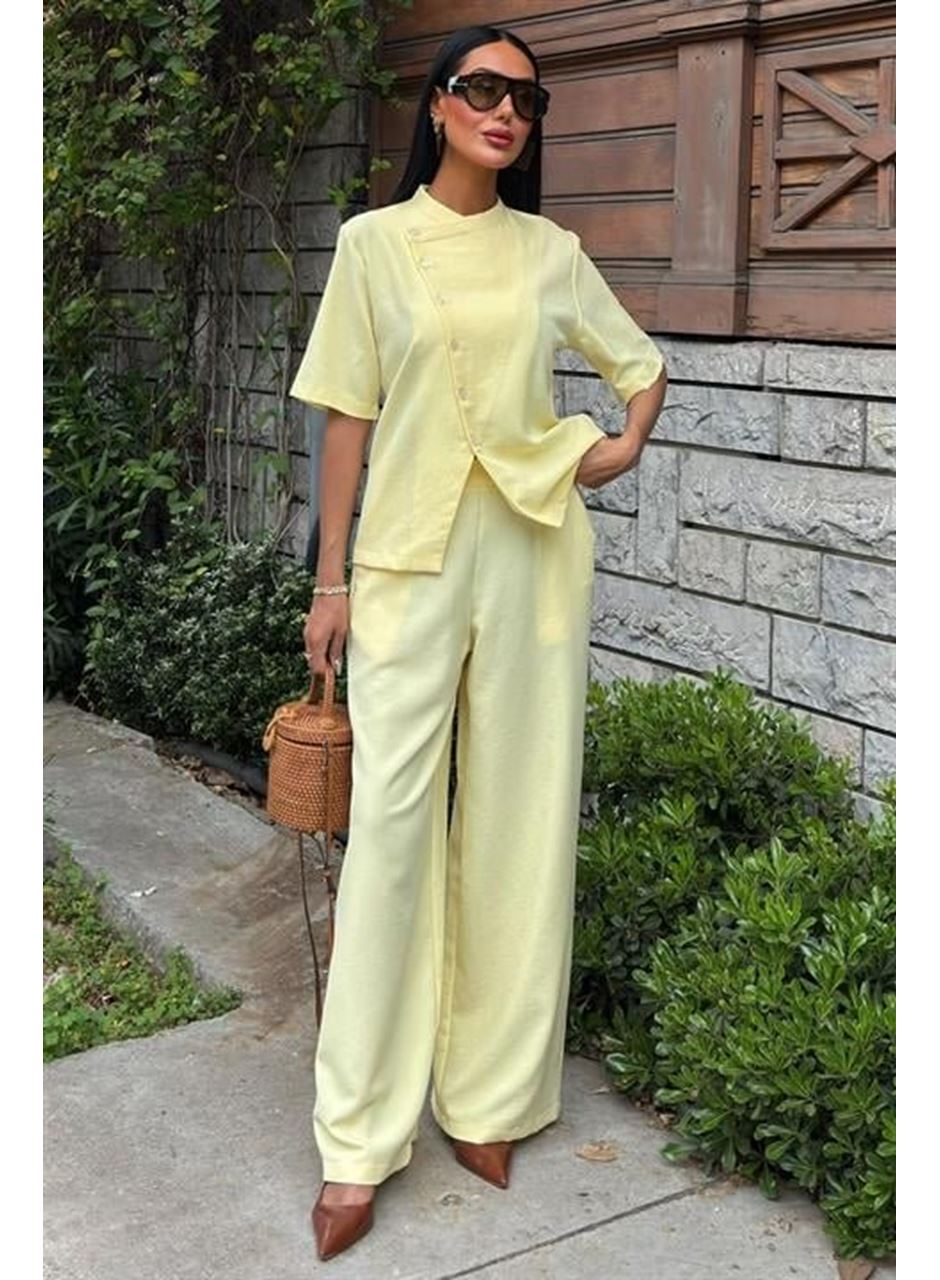 Hakim Yaka Çapraz Düğmeli Plazzo Pantolon Viscon Keten Takım 10209