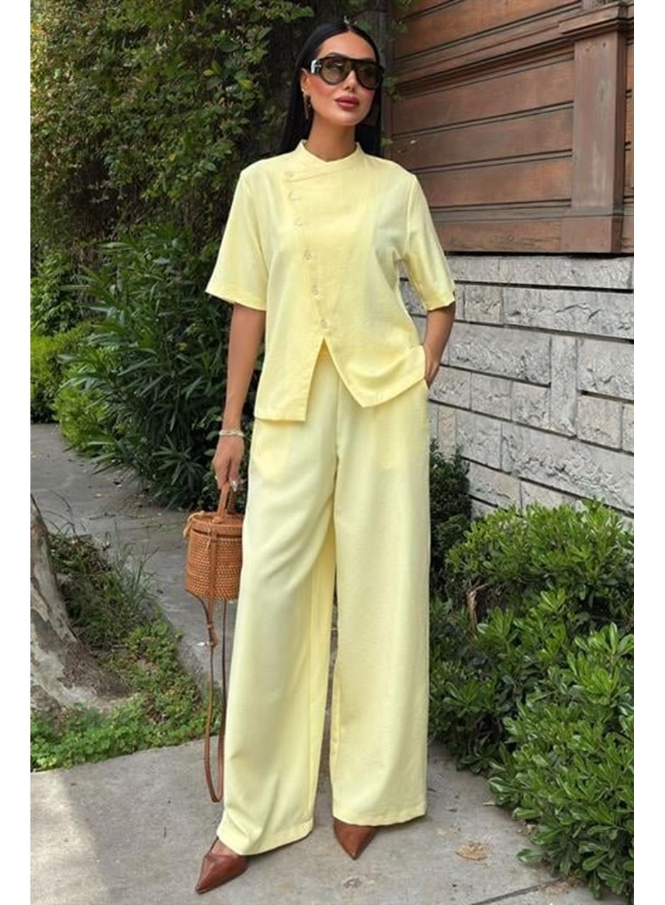 Hakim Yaka Çapraz Düğmeli Plazzo Pantolon Viscon Keten Takım 10209