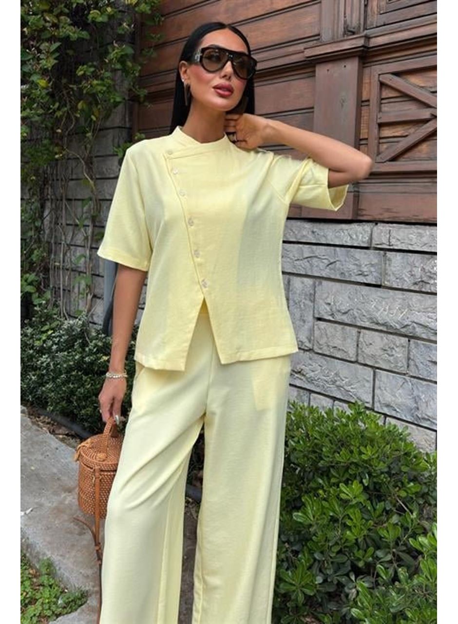 Hakim Yaka Çapraz Düğmeli Plazzo Pantolon Viscon Keten Takım 10209