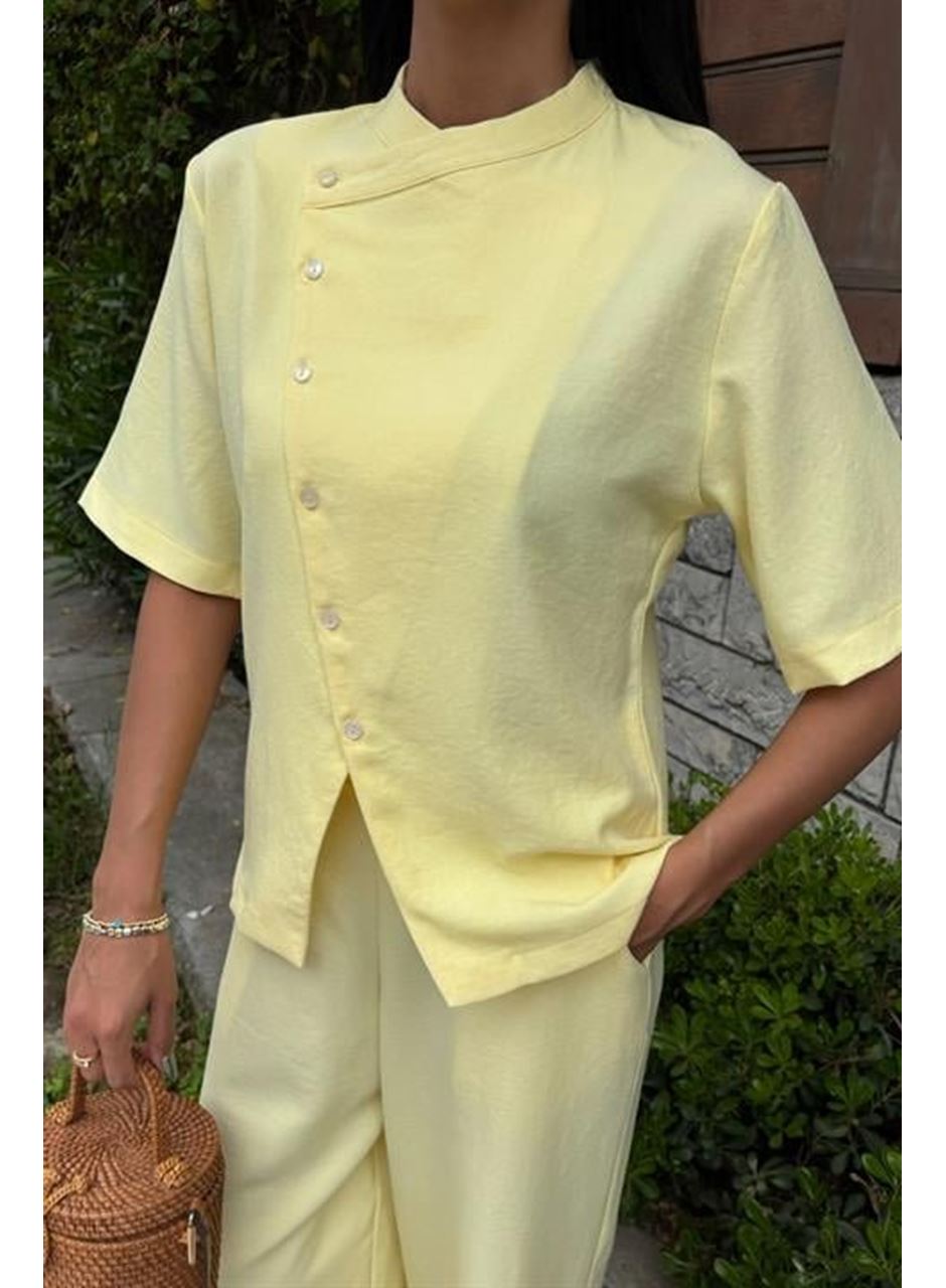 Hakim Yaka Çapraz Düğmeli Plazzo Pantolon Viscon Keten Takım 10209