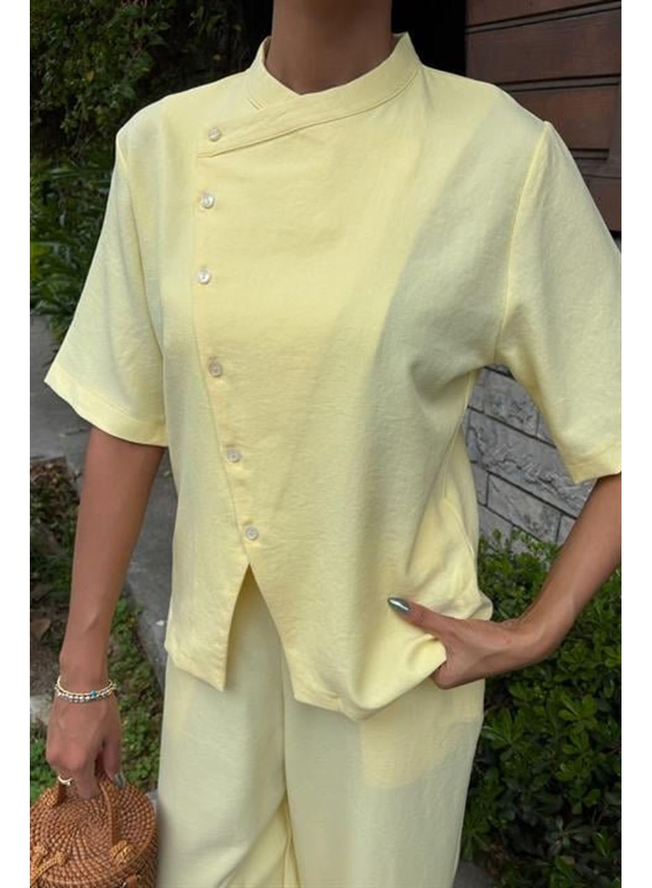 Hakim Yaka Çapraz Düğmeli Plazzo Pantolon Viscon Keten Takım 10209