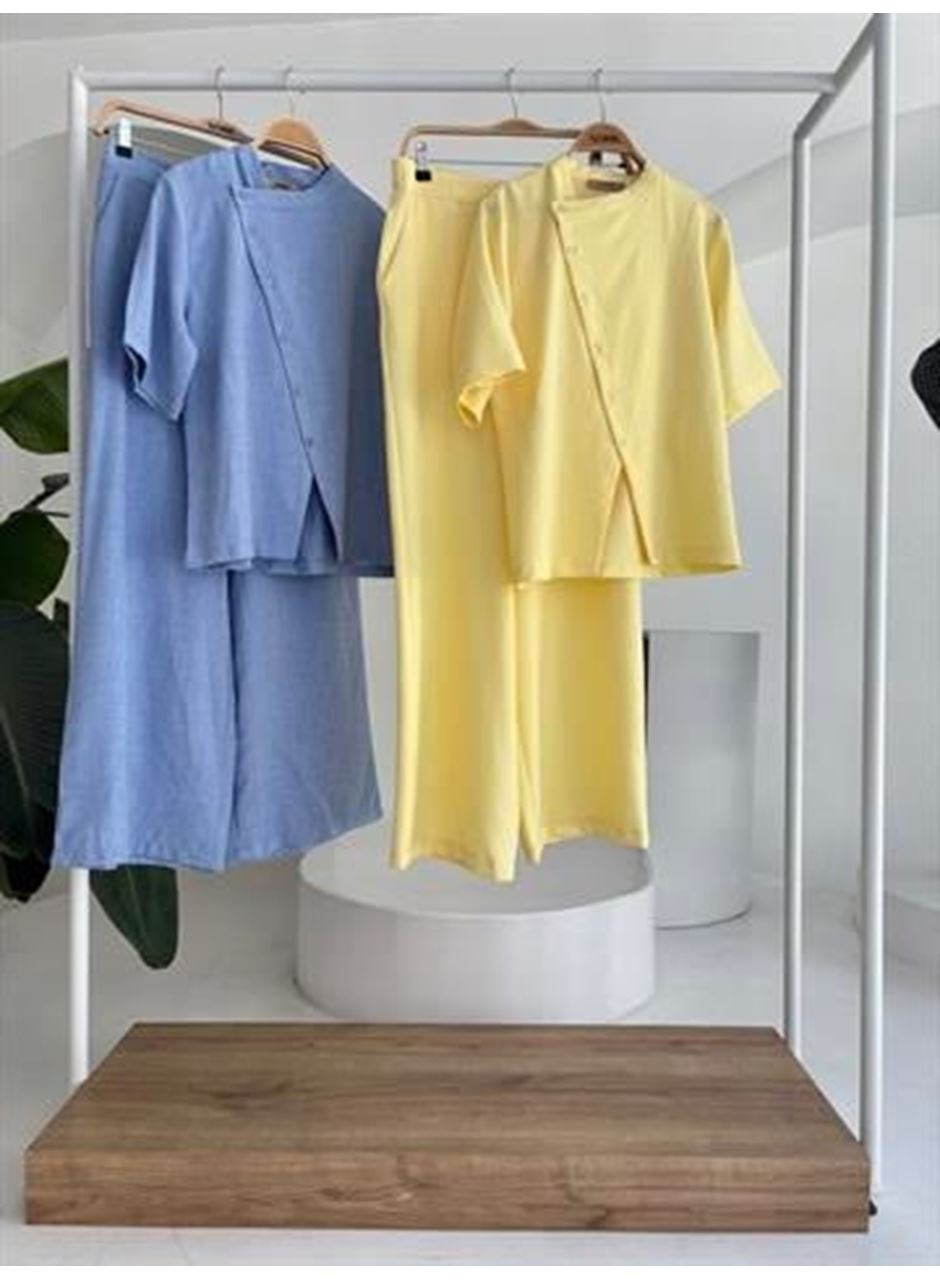 Hakim Yaka Çapraz Düğmeli Plazzo Pantolon Viscon Keten Takım 10209