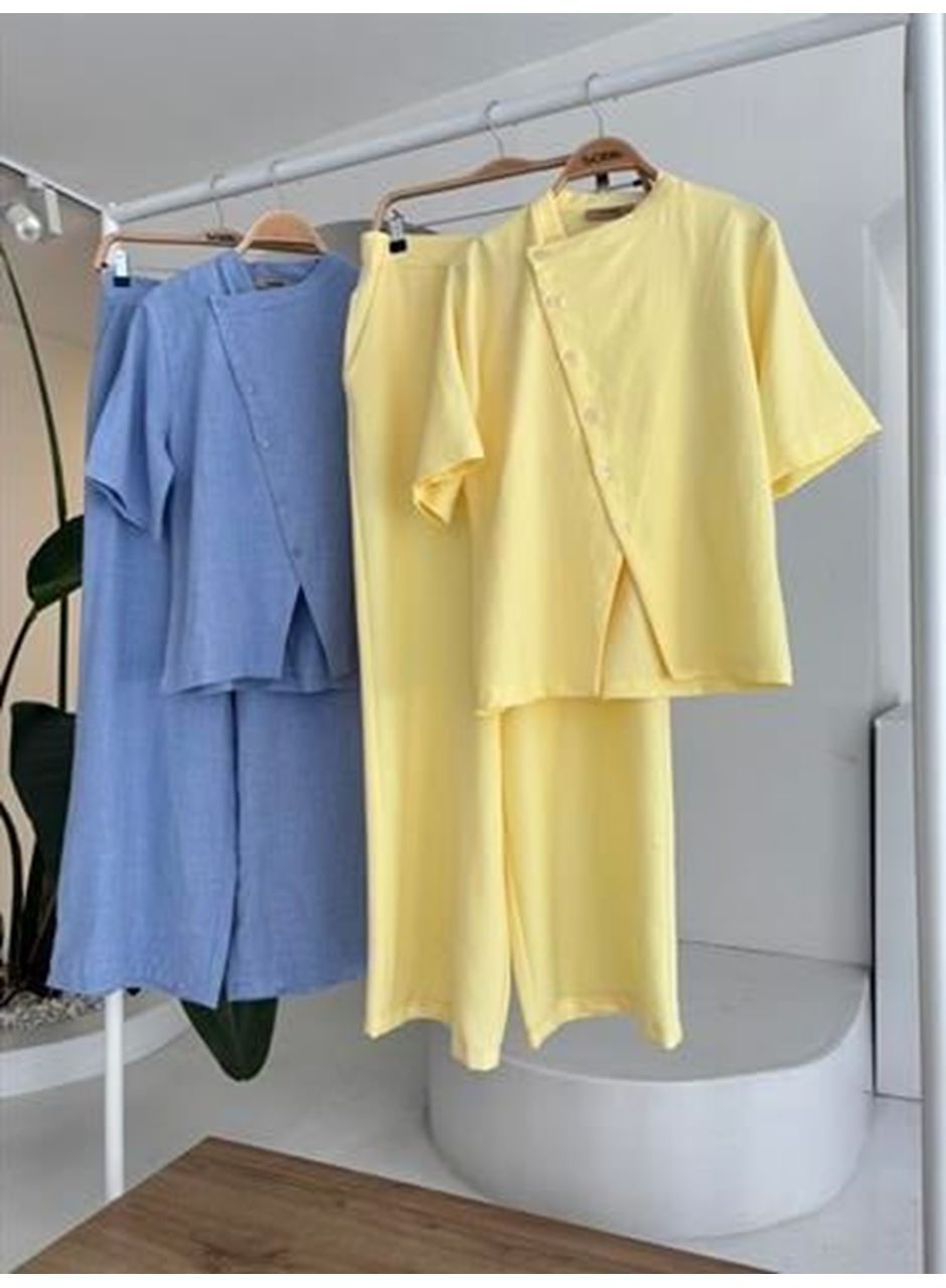 Hakim Yaka Çapraz Düğmeli Plazzo Pantolon Viscon Keten Takım 10209