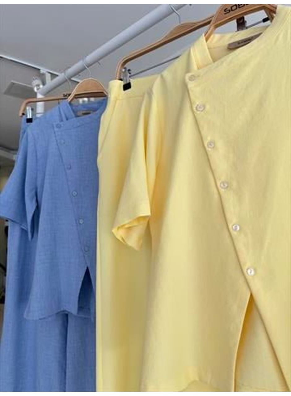 Hakim Yaka Çapraz Düğmeli Plazzo Pantolon Viscon Keten Takım 10209