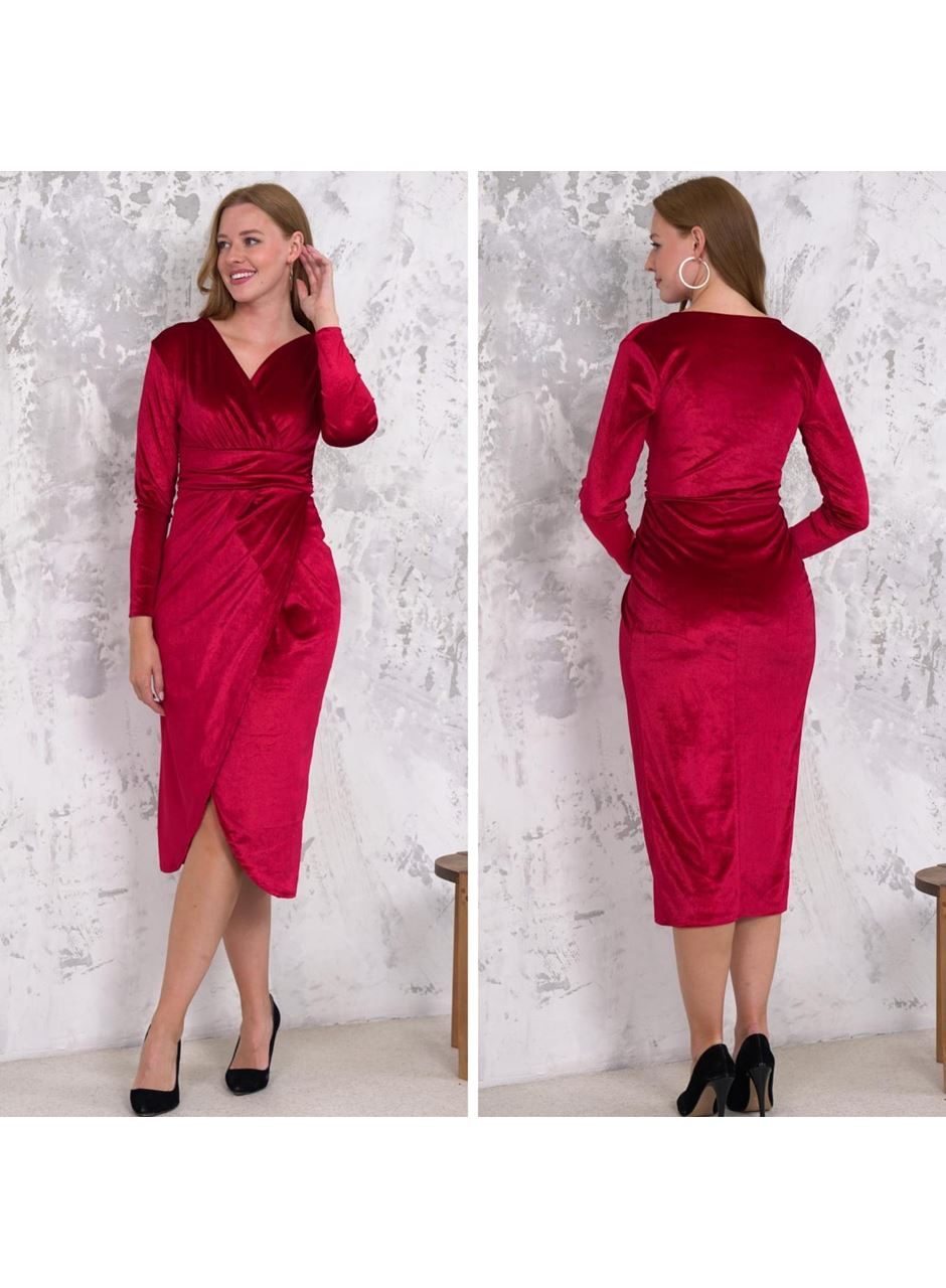 Kadın Kadife Kumaş V Yaka Uzun Kollu Midi Boy Elbise
