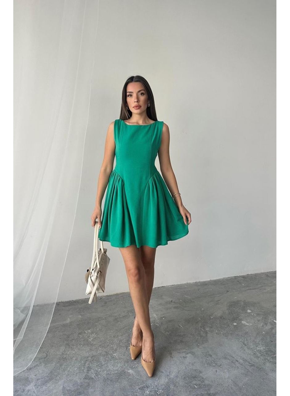 Yeşil Mini Boy Büzgülü Keten Elbise