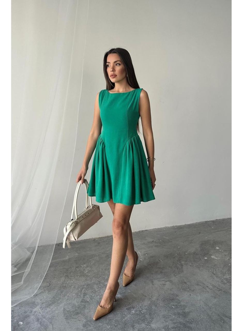 Yeşil Mini Boy Büzgülü Keten Elbise