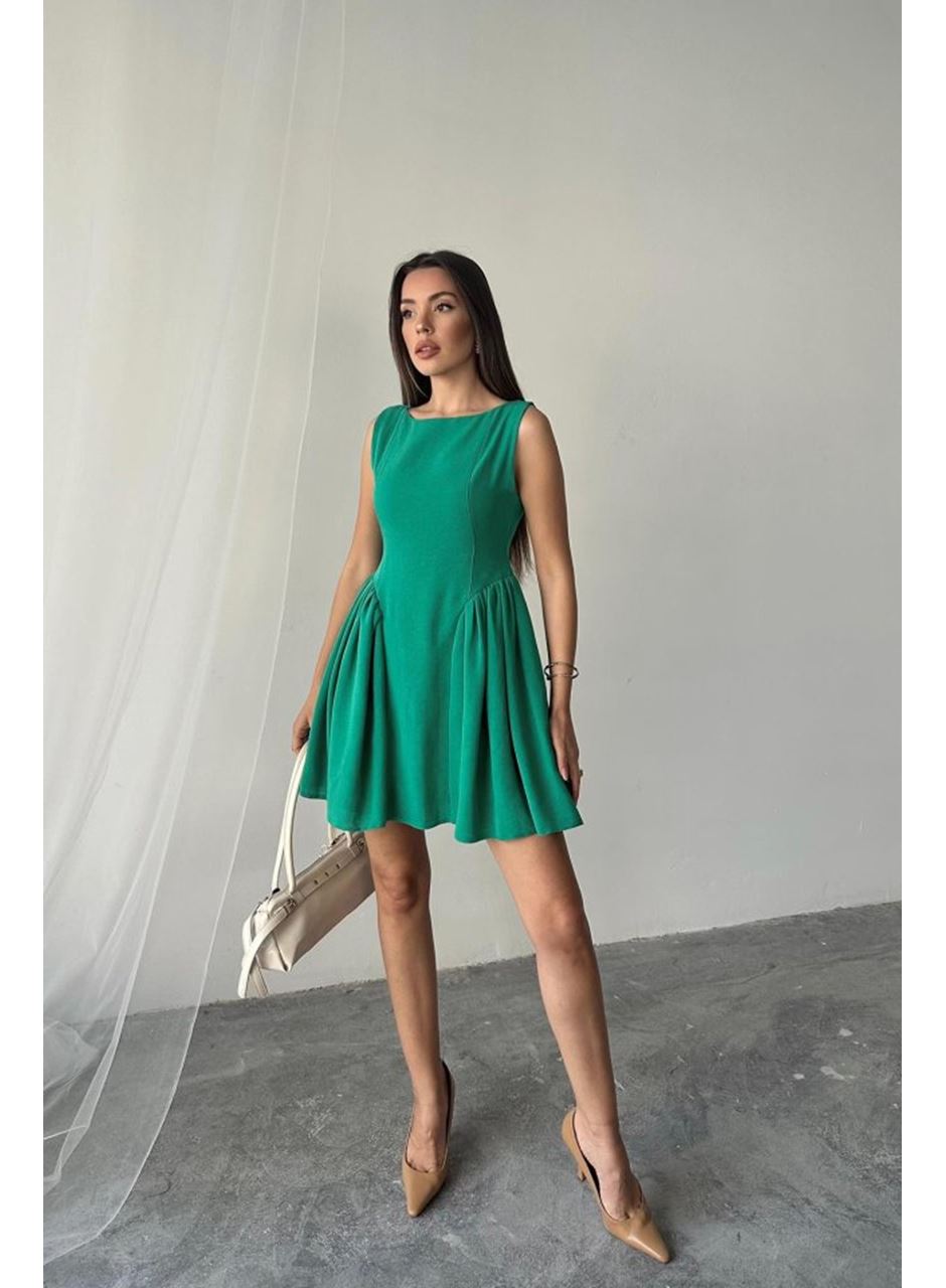Yeşil Mini Boy Büzgülü Keten Elbise