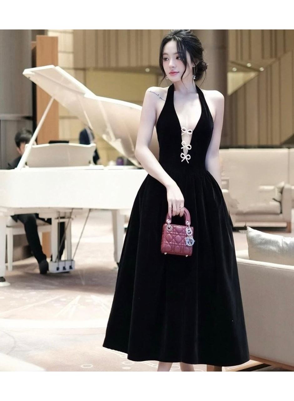 Kadın Derin V Yaka Kurdele Detaylı İthal Double Kumaş Elbise