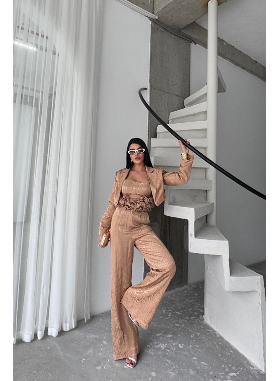 JAKARLI BLUZU TASARIM DETAYLI CEKET-PANTOLON-BLUZ 3 LÜ TAKIM - Bej