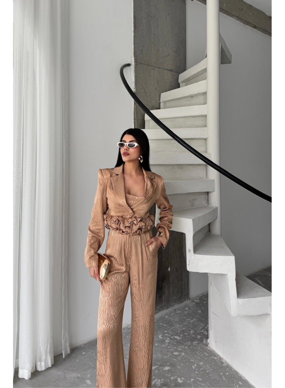 JAKARLI BLUZU TASARIM DETAYLI CEKET-PANTOLON-BLUZ 3 LÜ TAKIM - Bej