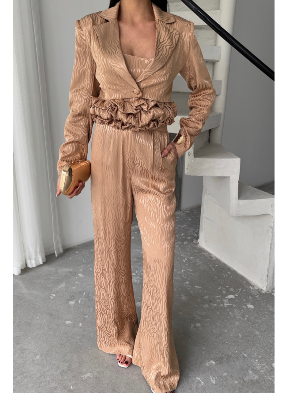 JAKARLI BLUZU TASARIM DETAYLI CEKET-PANTOLON-BLUZ 3 LÜ TAKIM - Bej