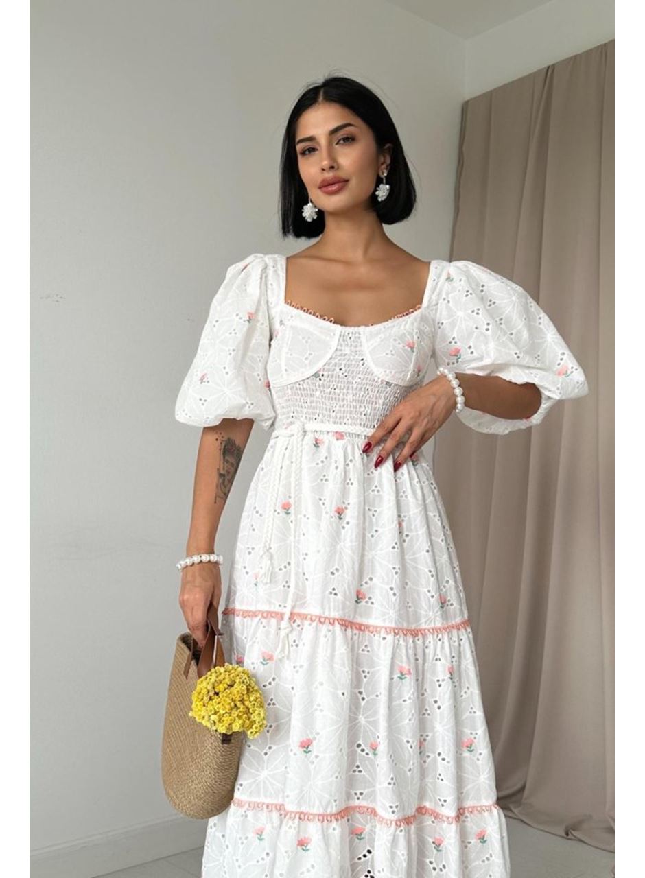 Pudra Dantel Detaylı Brode Elbise