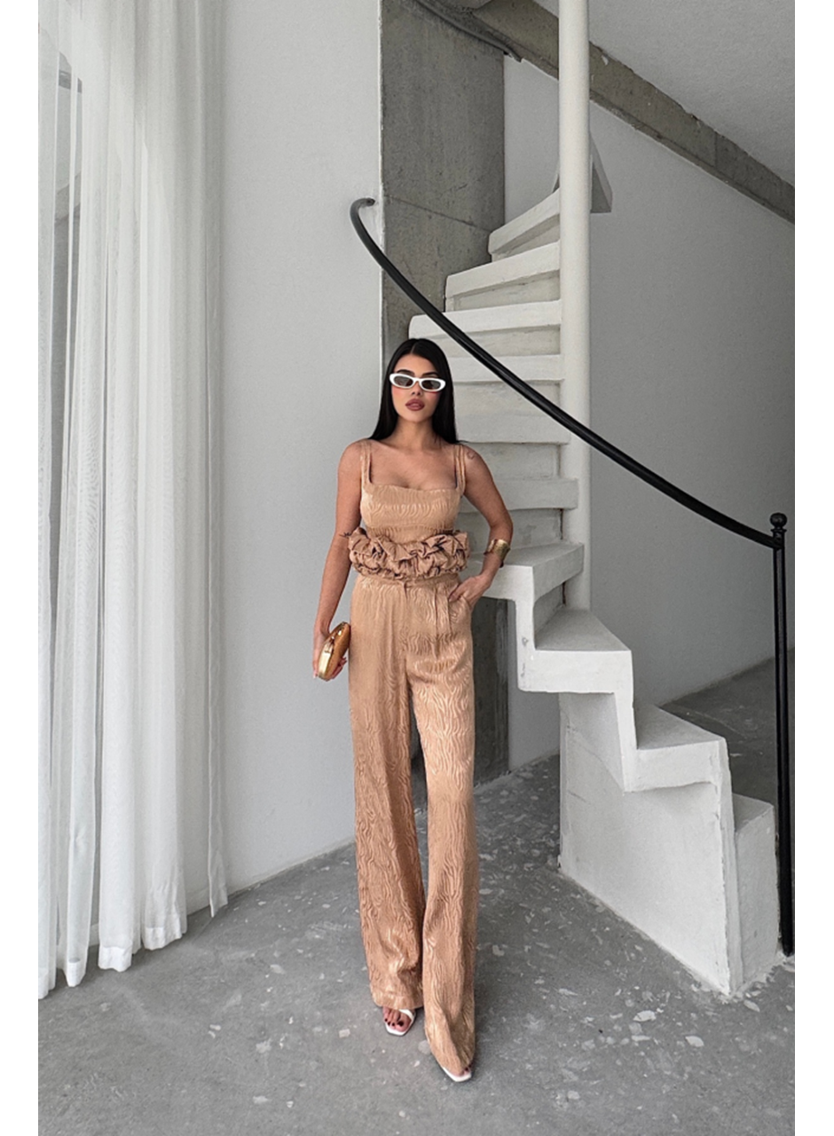 JAKARLI BLUZU TASARIM DETAYLI CEKET-PANTOLON-BLUZ 3 LÜ TAKIM - Bej