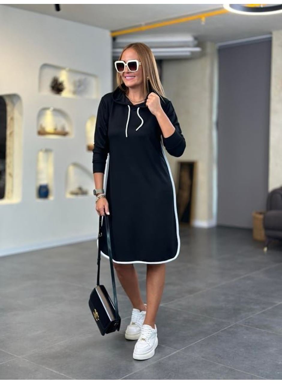 Kadın Uzun Kollu Kapüşon Ve Ribana Detay Diz üstü Elbise