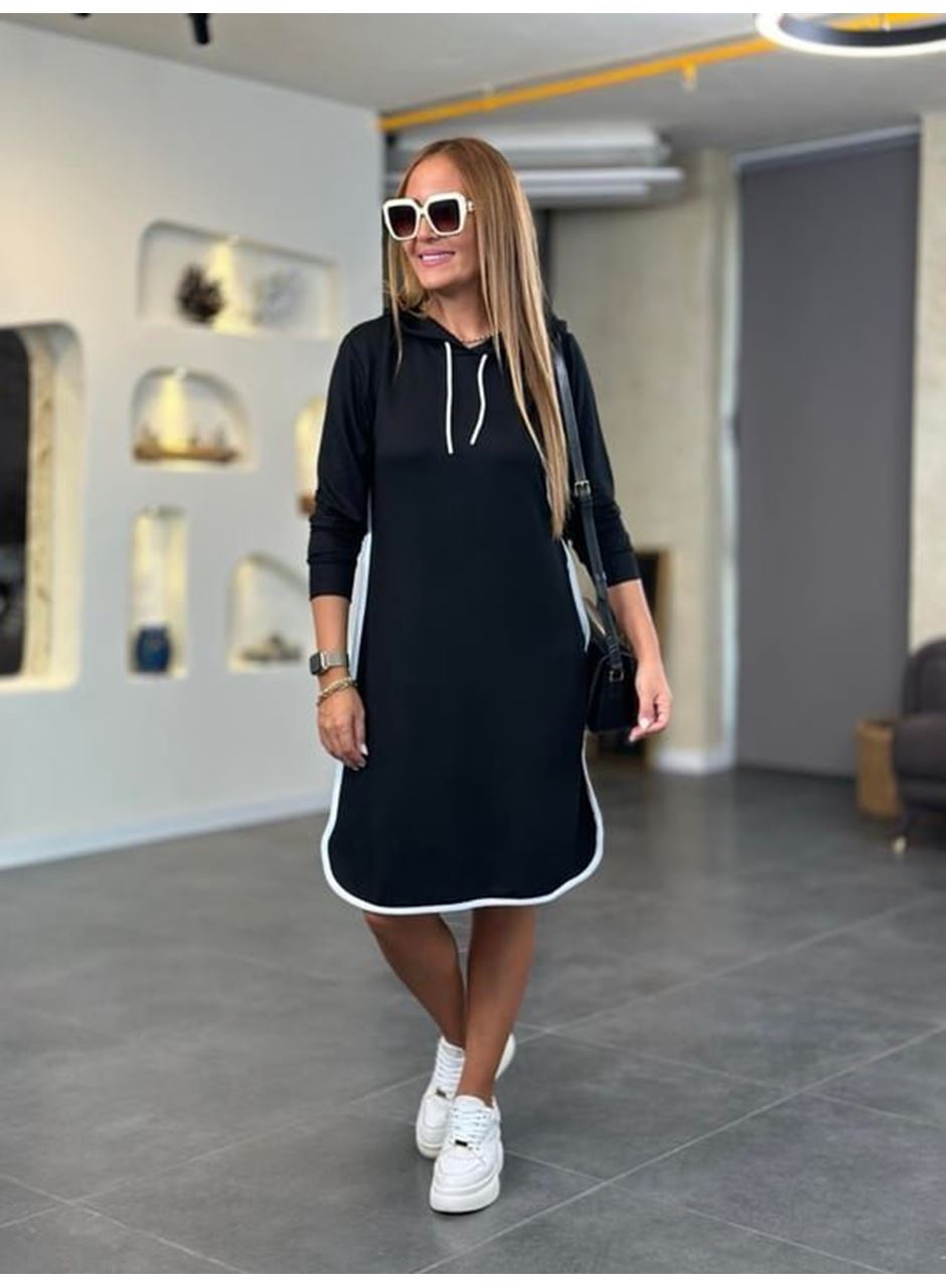 Kadın Uzun Kollu Kapüşon Ve Ribana Detay Diz üstü Elbise