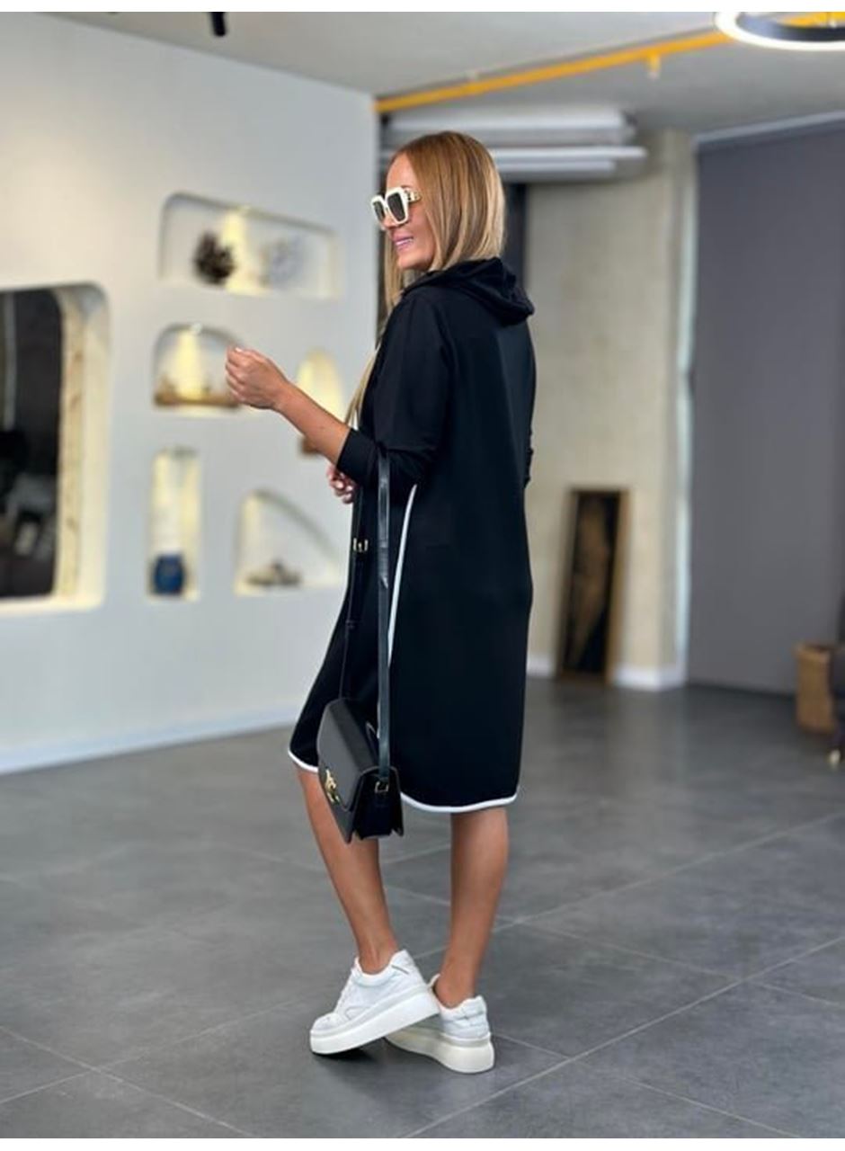 Kadın Uzun Kollu Kapüşon Ve Ribana Detay Diz üstü Elbise