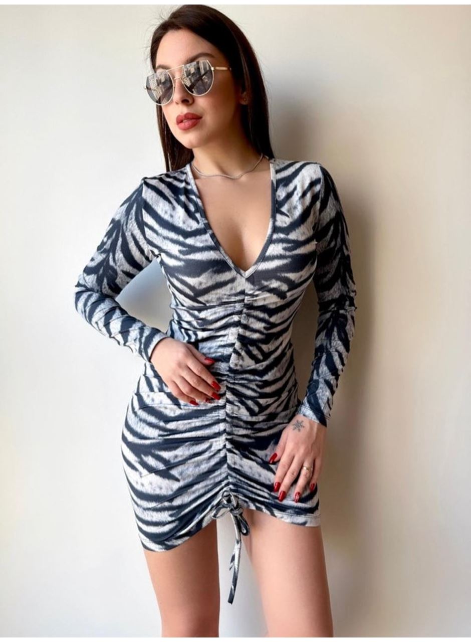 Kadın V Yaka önü Asansör Büzgü Detay Fırsat ürün Zebra Mini Elbise