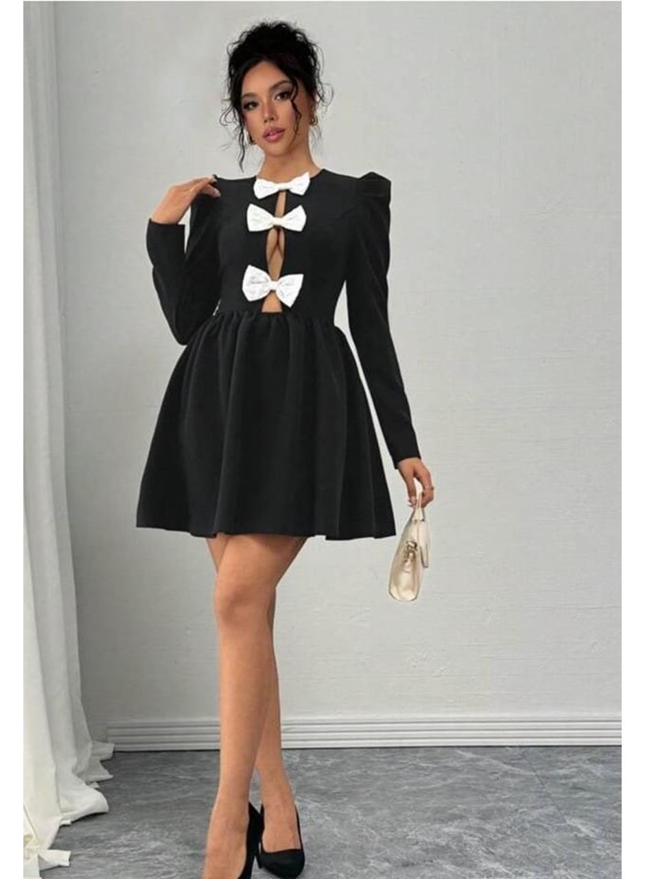 Kadın Dalgıç Kumaş Fiyonk Detaylı Uzun Kollu Mini Boy Elbise