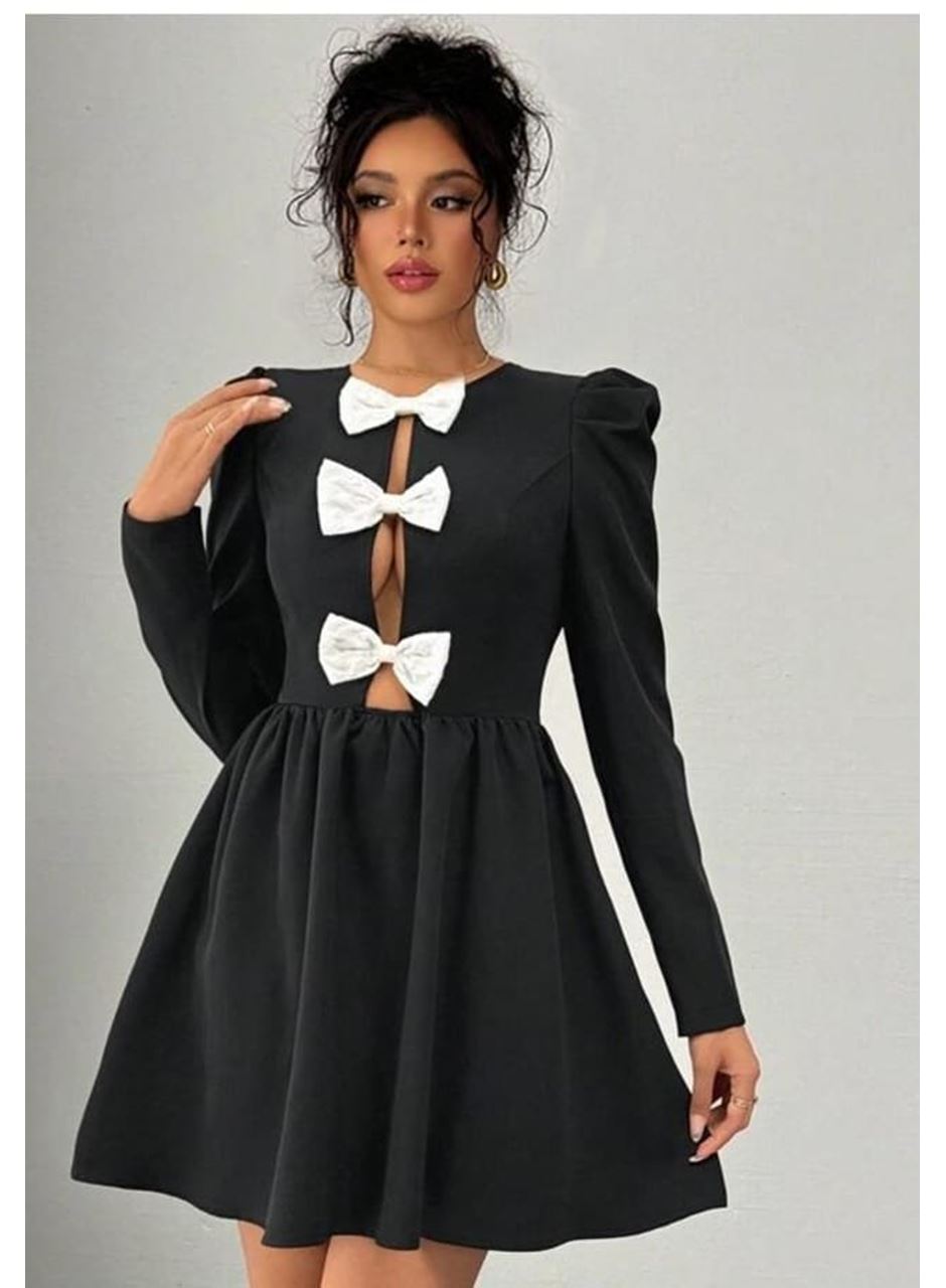 Kadın Dalgıç Kumaş Fiyonk Detaylı Uzun Kollu Mini Boy Elbise