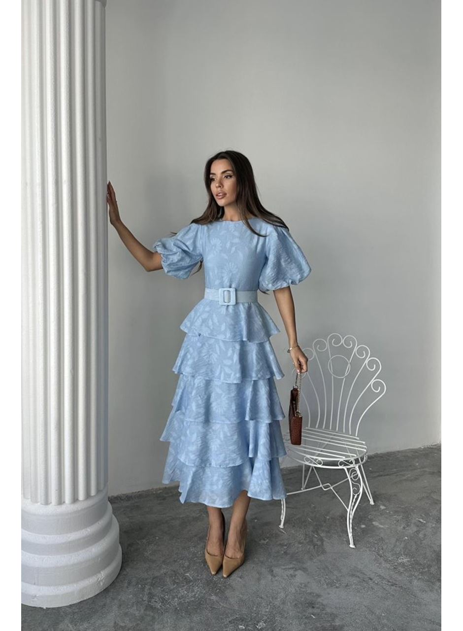 Bebe Mavi Kat Kat Balon Kollu Kemerli Elbise