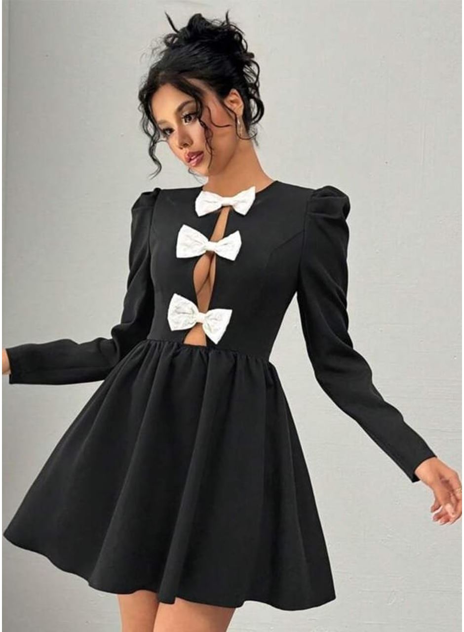 Kadın Dalgıç Kumaş Fiyonk Detaylı Uzun Kollu Mini Boy Elbise