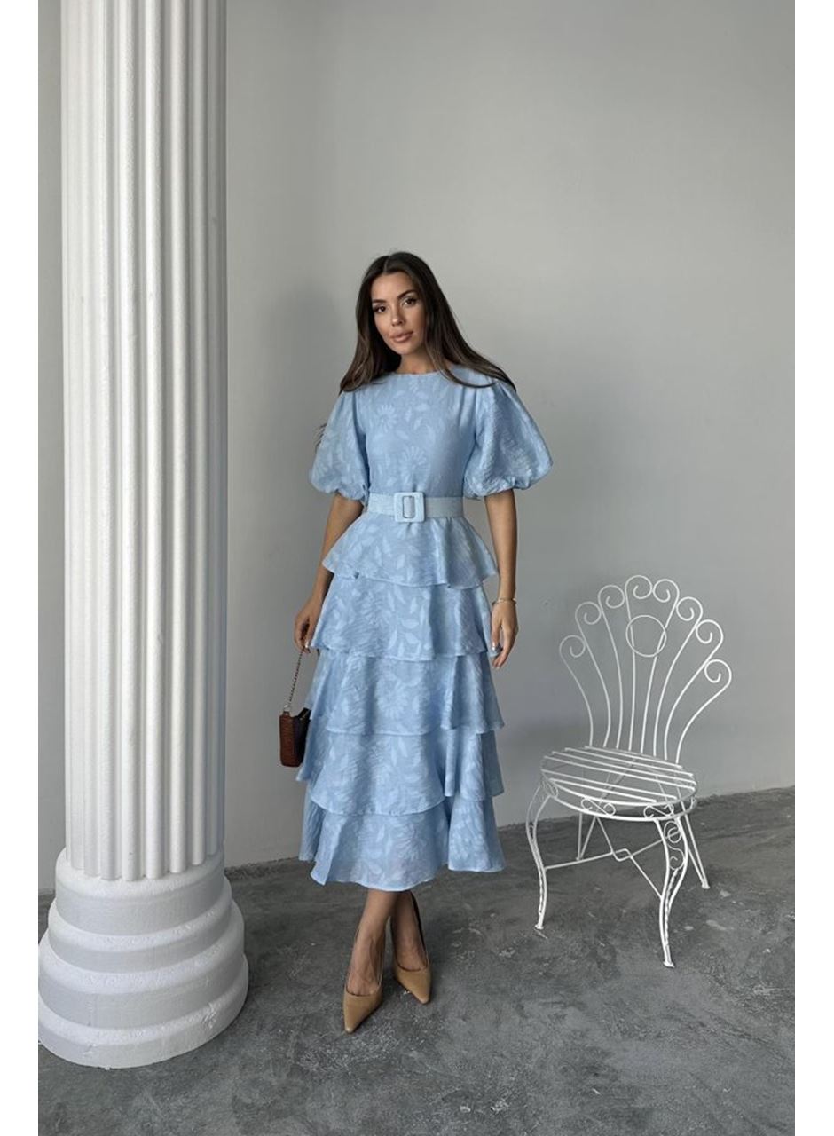 Bebe Mavi Kat Kat Balon Kollu Kemerli Elbise