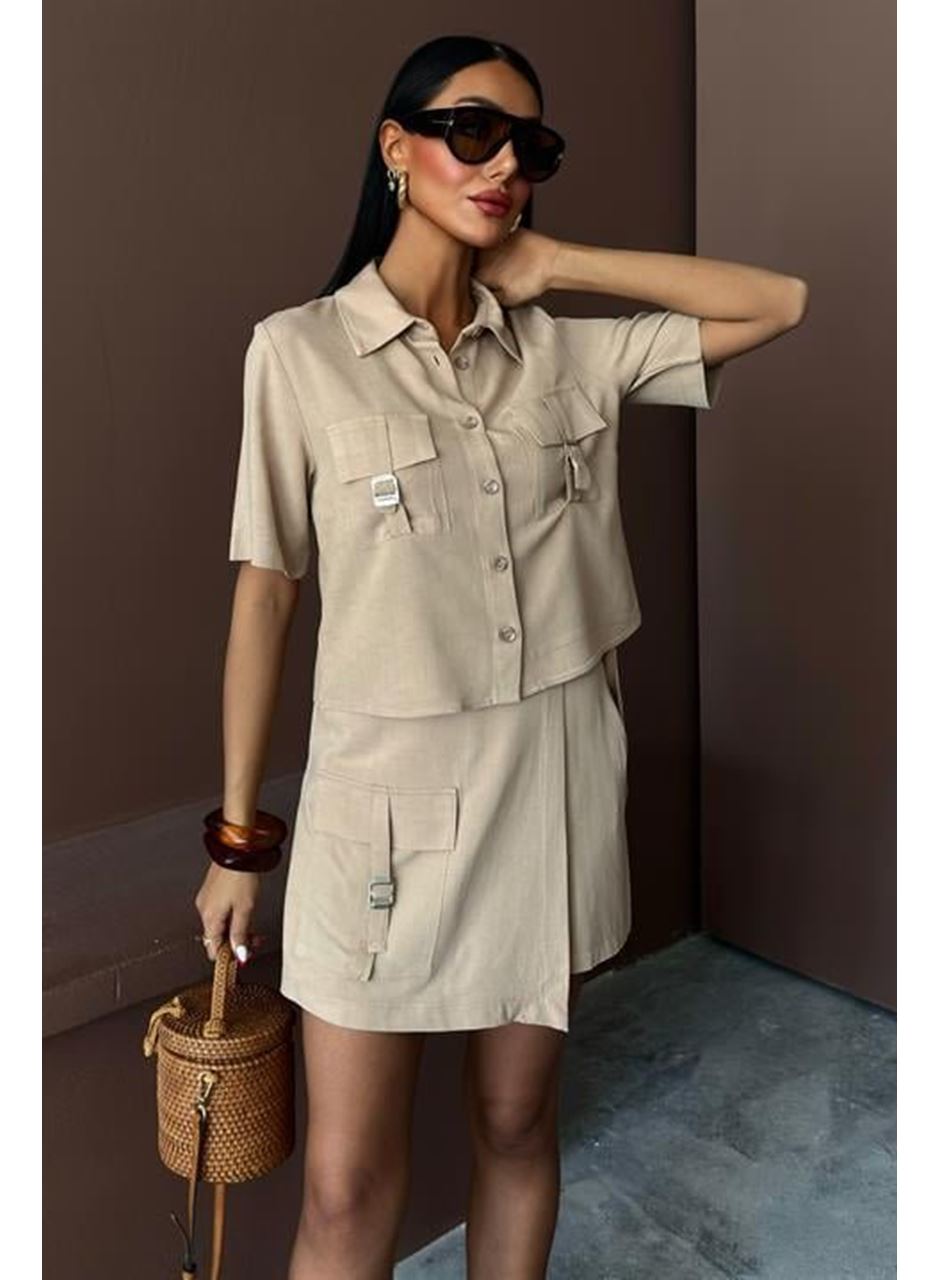 Gömlek Şort Etek Viscon Keten Takım 10162