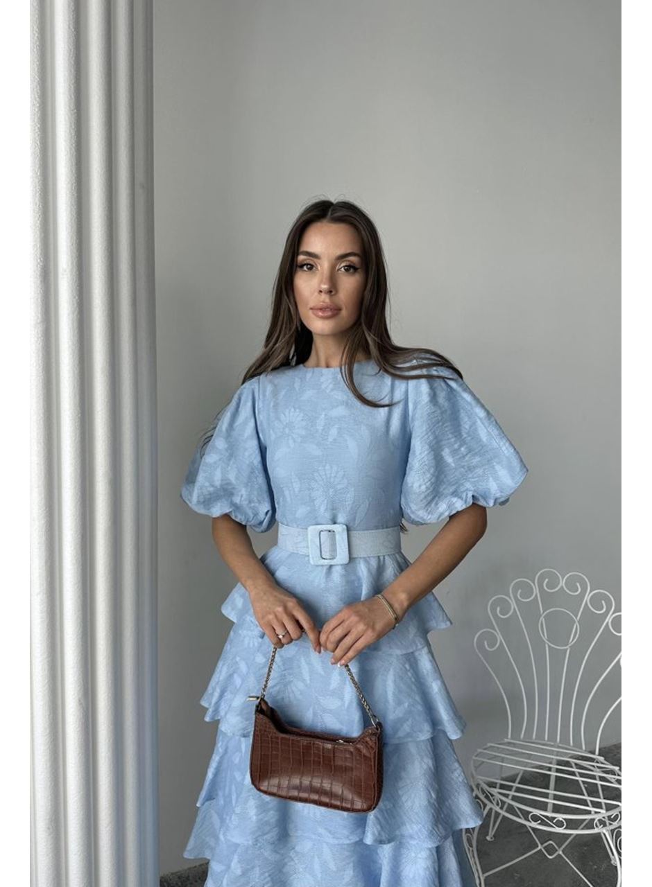 Bebe Mavi Kat Kat Balon Kollu Kemerli Elbise