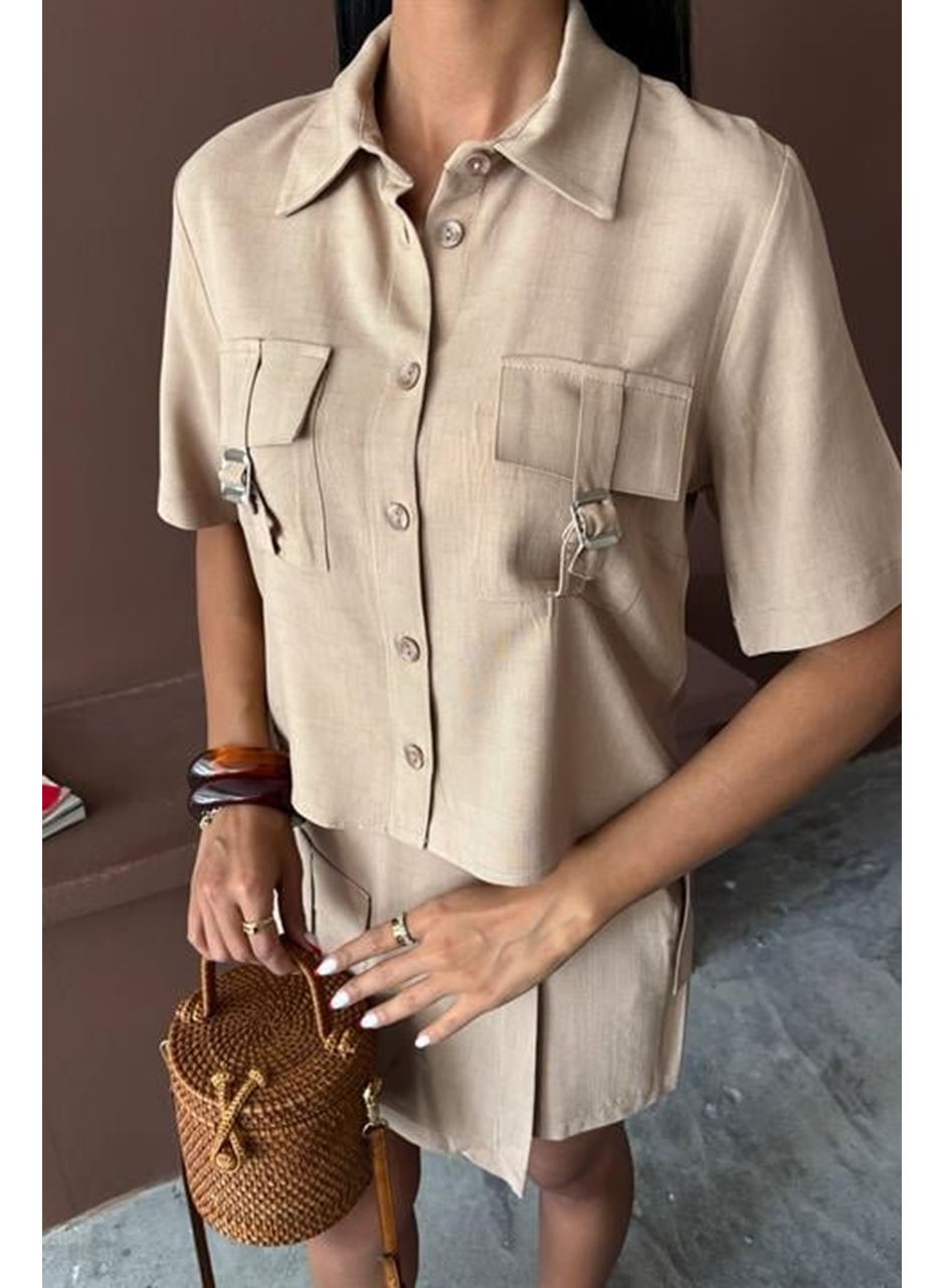 Gömlek Şort Etek Viscon Keten Takım 10162