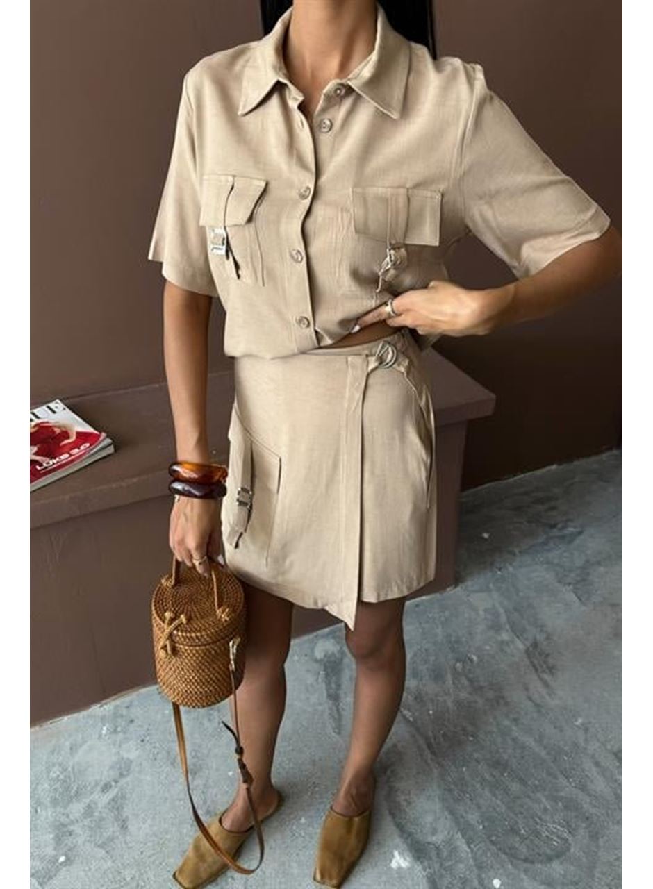 Gömlek Şort Etek Viscon Keten Takım 10162