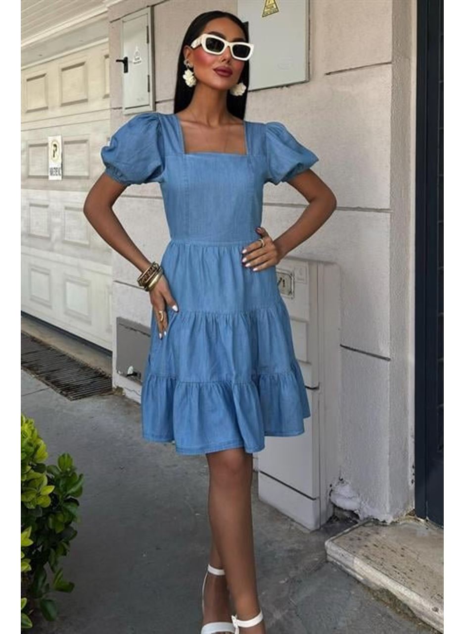 Kare Yakalı Ve Gipe Detaylı Tensel Elbise 2883