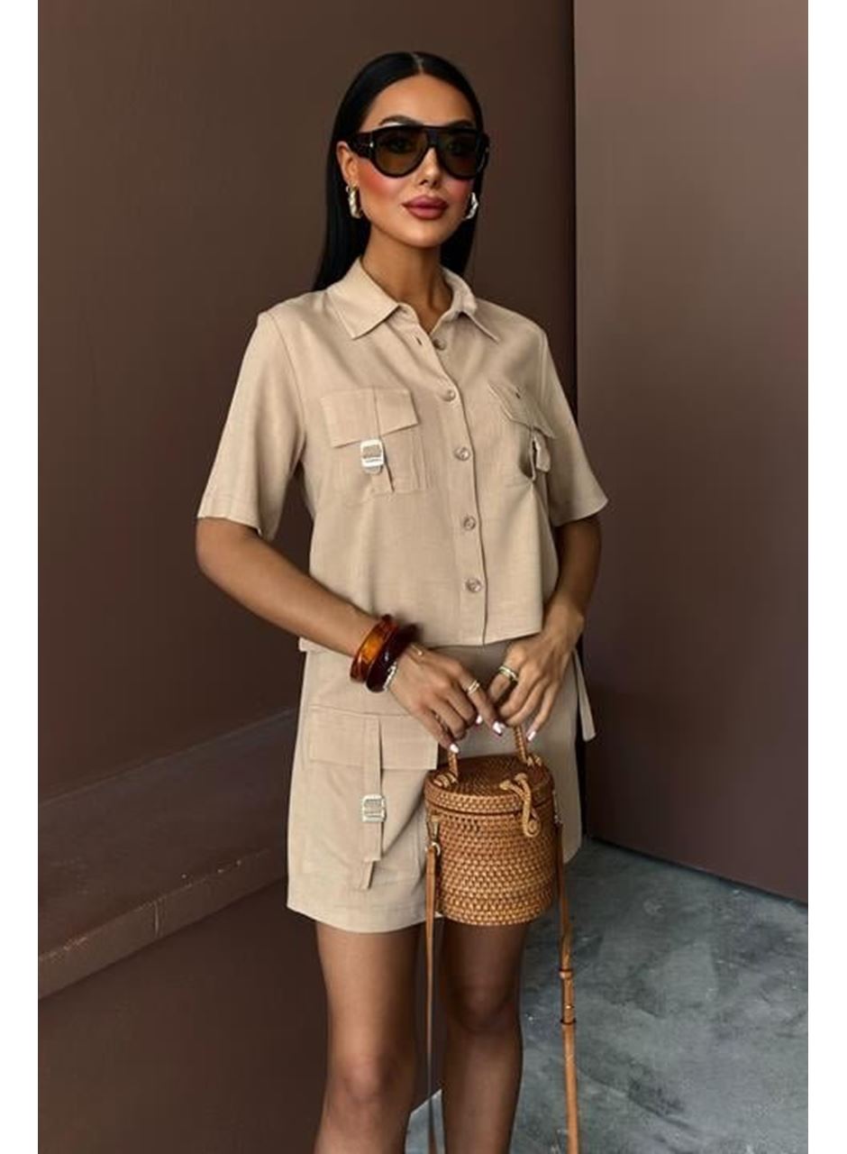 Gömlek Şort Etek Viscon Keten Takım 10162