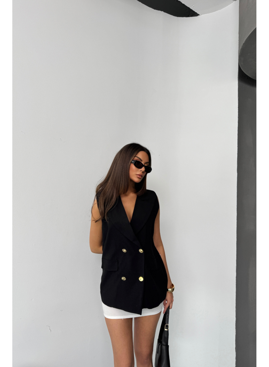 GOLD DÜĞMELİ KETEN YELEK - Siyah
