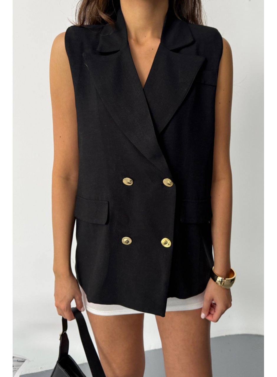 GOLD DÜĞMELİ KETEN YELEK - Siyah