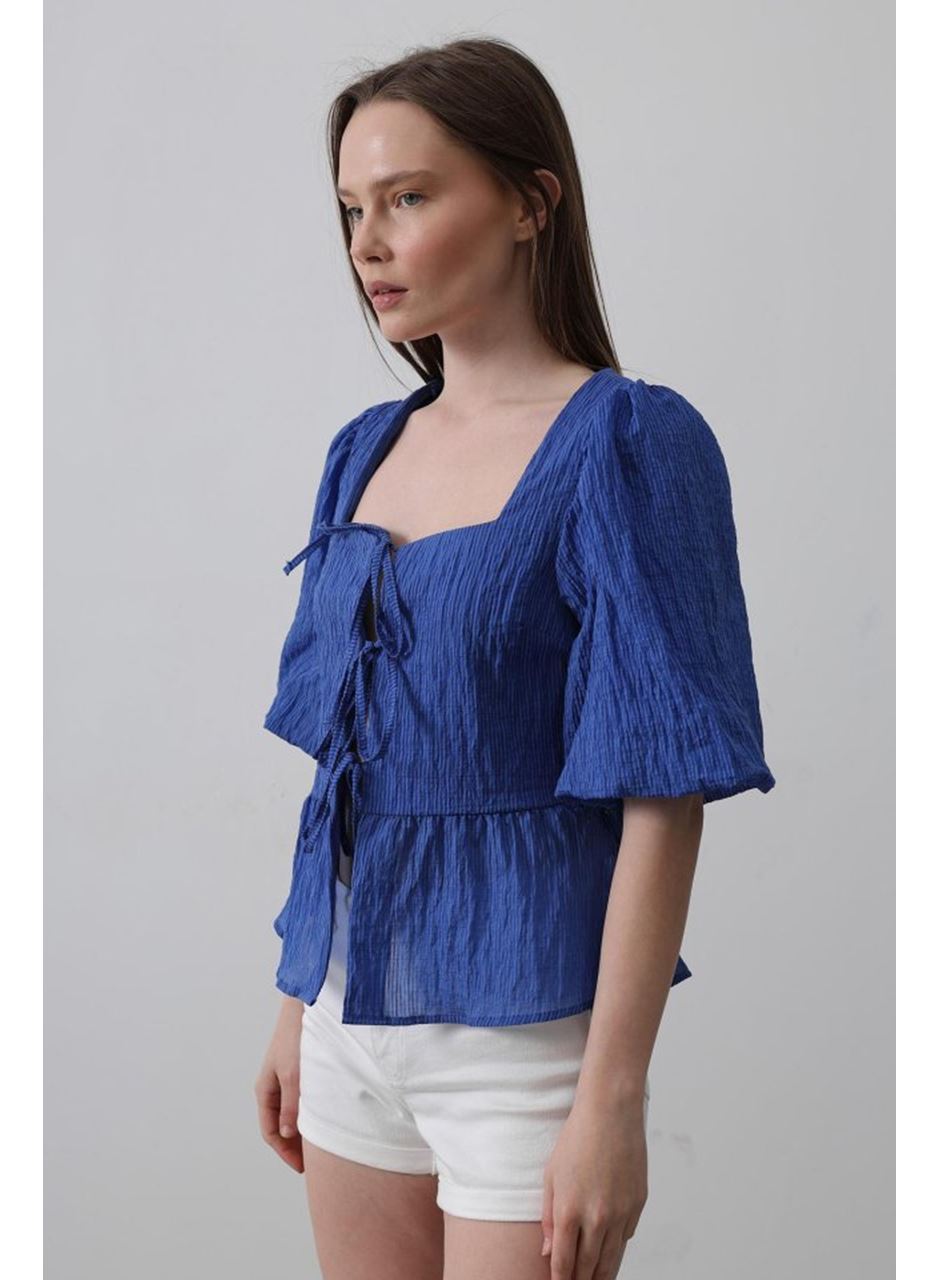 Kare Yaka Balon Kol Bluz - Mavi