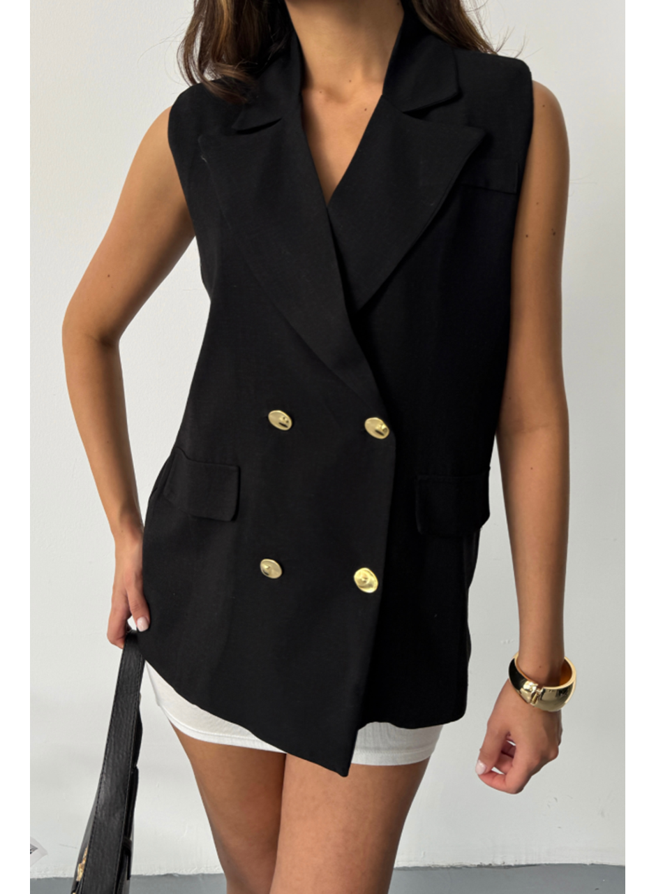 GOLD DÜĞMELİ KETEN YELEK - Siyah