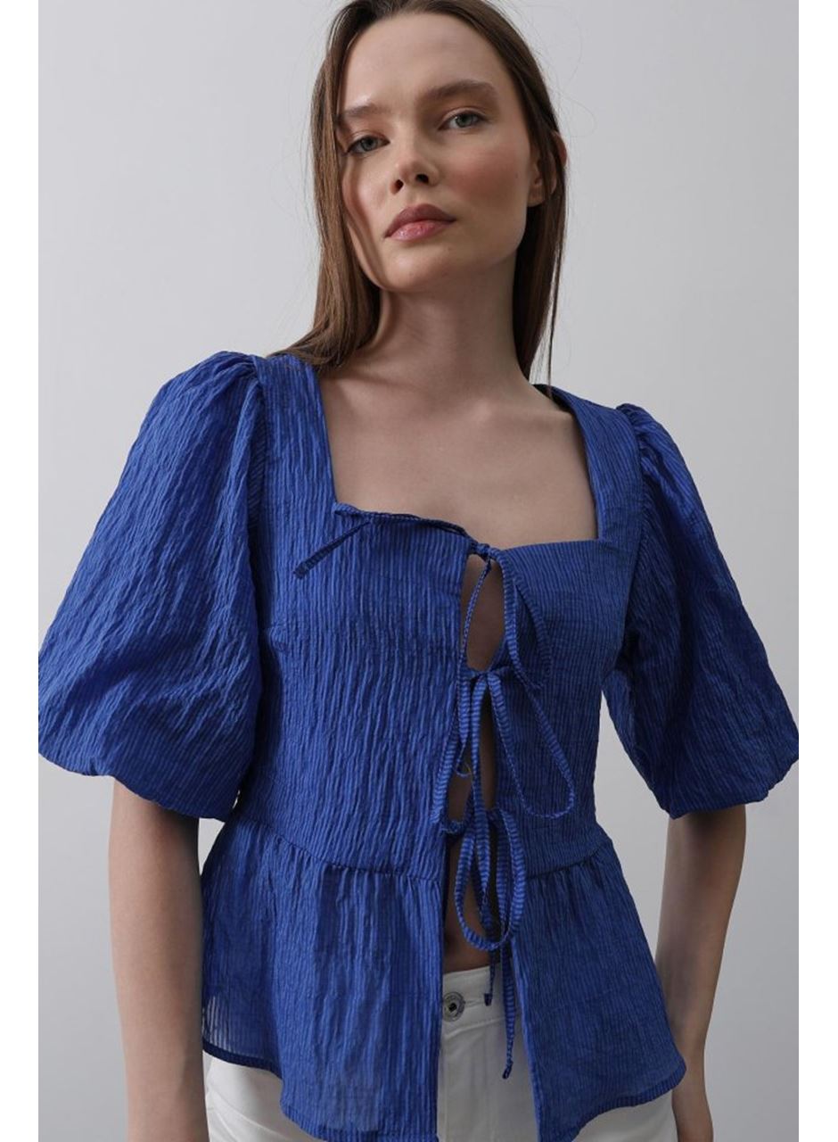 Kare Yaka Balon Kol Bluz - Mavi