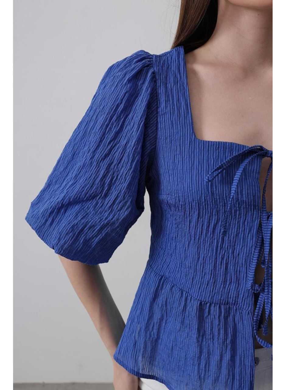 Kare Yaka Balon Kol Bluz - Mavi