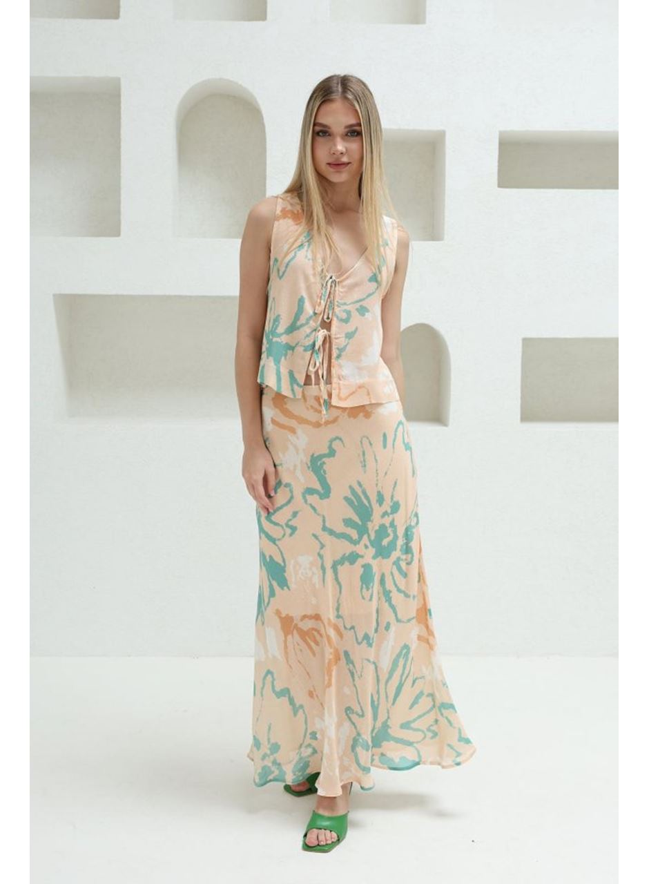 Bağcıklı Bluzlu Etek Takım - Pudra