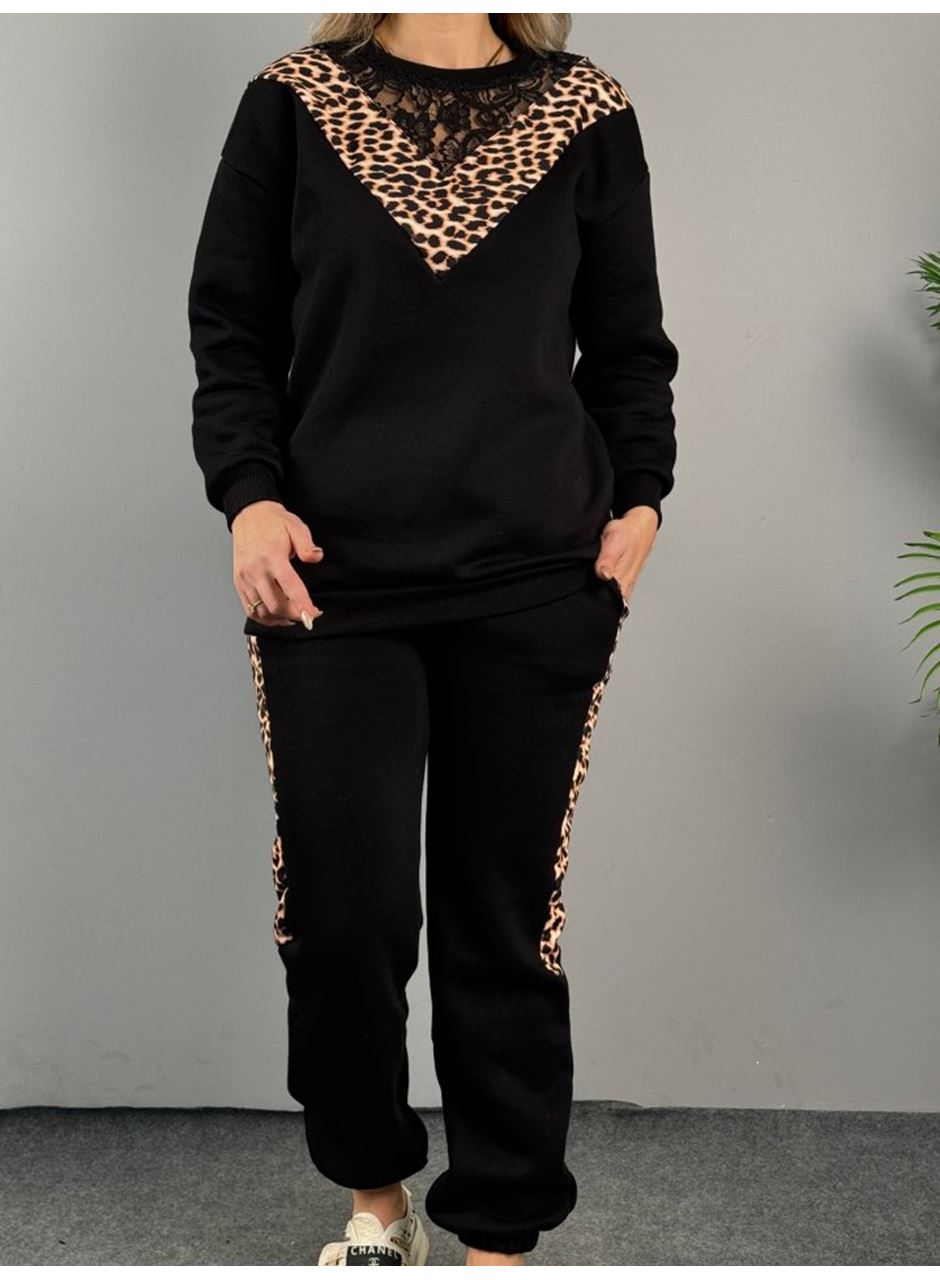 Kadın üç Iplik Kumaş Leopar Desenli Dantel Detaylı Ikili Takım